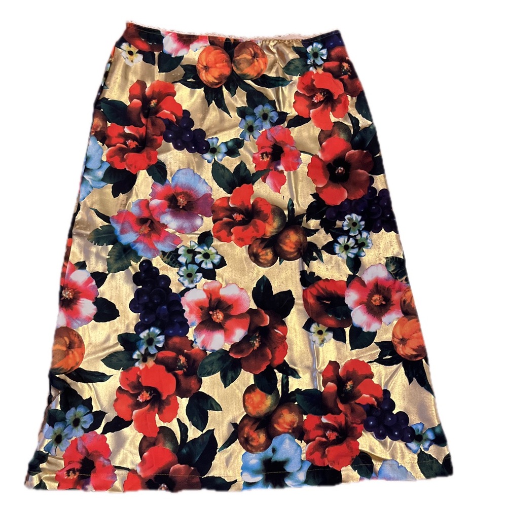 Fause Haten skirt 6 Floral Fruit Print Gold Metallic